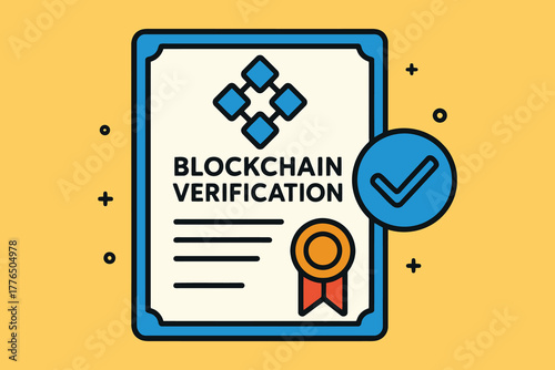 Digital blockchain verification certificate with check mark and seal of approval