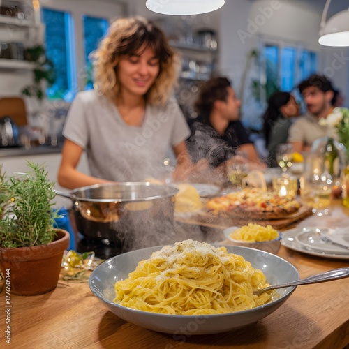 Casual dinner gathering with friends, steaming plate of pasta with parmesan, cozy kitchen atmosphere, Italian food, joyful conversation, warm lights
