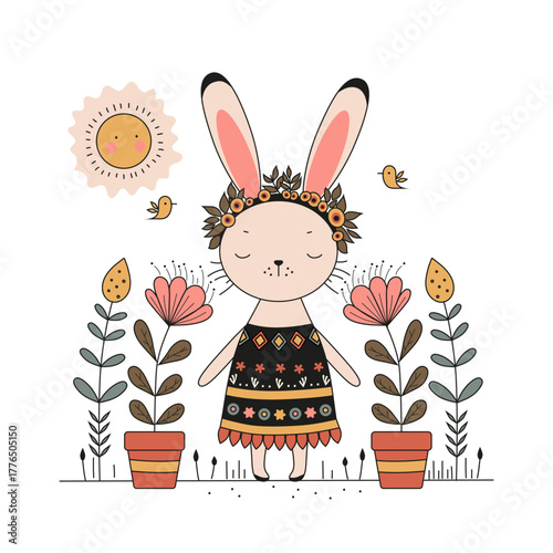 A charming bunny in a dress and a wreath of flowers stands among plants and a smiling sun.