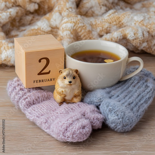 February 2 Groundhog Day scene with tea cup, wooden calendar, knitted mittens, cute groundhog figure, and warm blanket