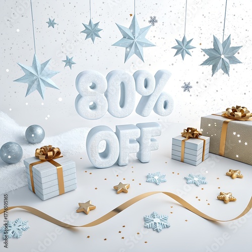 Festive Winter Sale Template with 3D Snow and Ice Text 80% OFF, Surrounded by Shiny Gift Ribbons and Stars Isolated on White Background