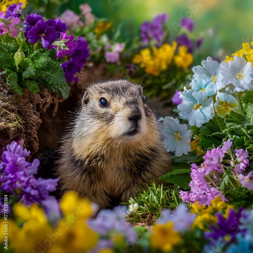 Curious groundhog peeking from burrow surrounded by vibrant spring flowers, Groundhog Day nature wildlife concept