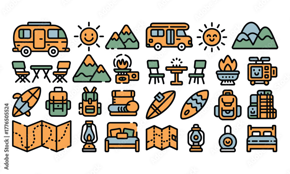 Obraz premium Van life and outdoor adventure icon set