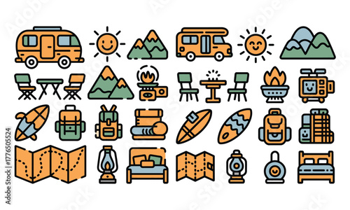 Van life and outdoor adventure icon set