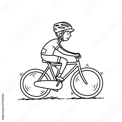 Illustration of a cyclist riding a bicycle, wearing a helmet, and pedaling fast, perfect for sport and outdoor activity themes