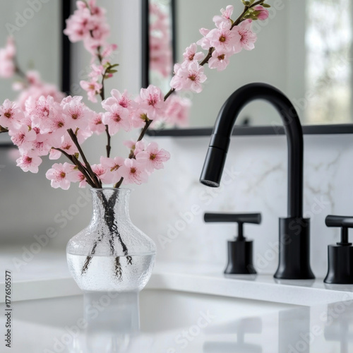 Vase with lilac flowers on table in kitchen