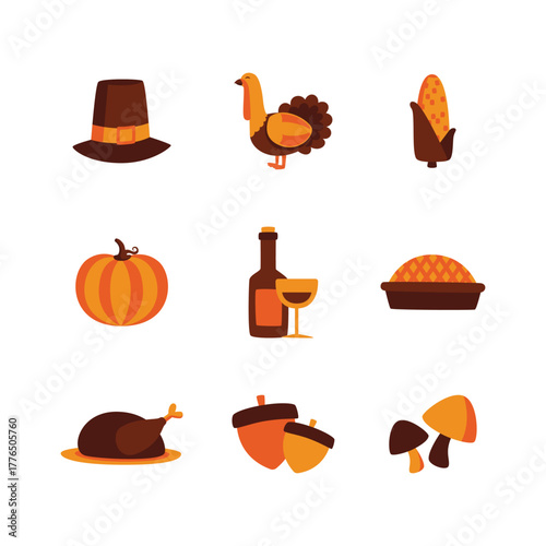 Flat Thanksgiving icon set featuring pilgrim hat, turkey, pumpkin, pie, wine, corn, acorns, and mushrooms isolated on white perfect for seasonal banners, greeting cards, and festive designs.