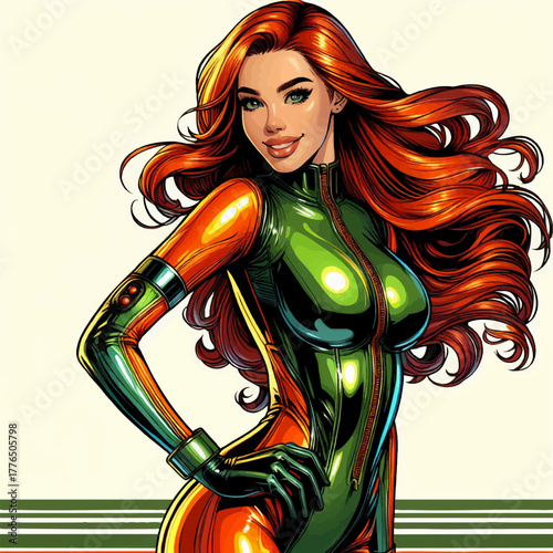 cheerful woman with flowing red hair in a futuristic green and orange bodysuit, striking a heroic pose. Generative ai vector colorful pop art illustration.