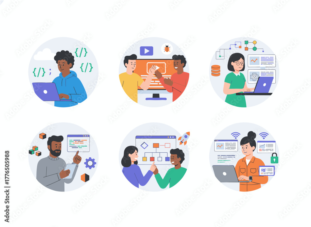 Fototapeta premium Illustration of a group of software developers coding web applications on computers, featuring scripting in PHP, Python, JavaScript, and other languages, rendered as a flat vector cartoon