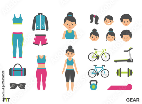 A sports girl character builder featuring a fitness woman set, with varied postures, hairstyles, facial features, limbs, equipment, and clothing, rendered as a vector cartoon illustration from front