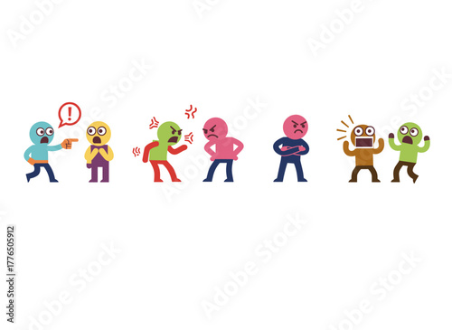 A collection of irate individuals engaged in disputes and altercations, featuring couples and friends in heated brawls, depicting aggressive men and women in a colored flat vector illustration set