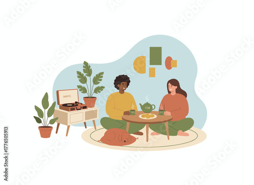 A young romantic pair sits on the floor, sipping tea and nibbling cookies as evening falls, enjoying each other's company in their apartment, depicted in a vibrant flat cartoon vector illustration