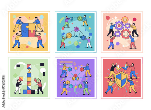 A set of flat vector illustrations depicting teamwork, featuring coworkers communicating, and illustrating concepts of team building, business partnerships, and the collaboration of businessmen and