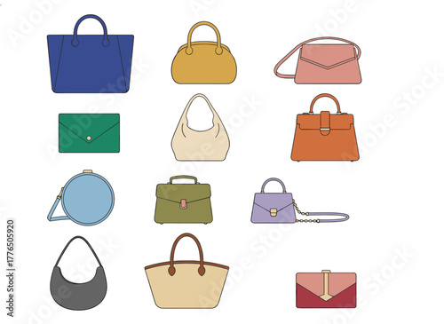 A collection of fashionable women's handbags—including tote, shopper, hobo, bucket, satchel, and pouch styles—displayed as trendy leather accessories on a white background, illustrated in colorful