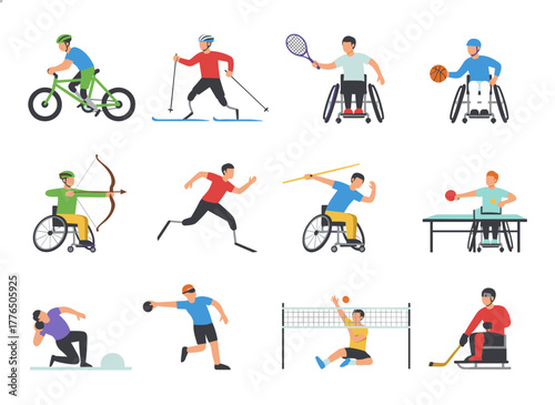 A flat cartoon vector illustration featuring a group of male and female Paralympic athletes with prosthetic limbs, depicted on a white background, engaged in sports activities