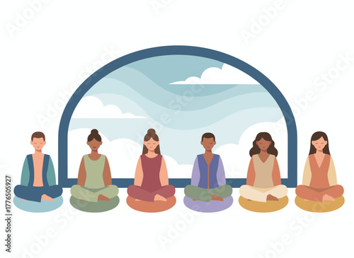 In a flat cartoon vector illustration, office workers in smart attire sit cross‑legged, meditating with a panoramic window as their backdrop, part of a business meditation and team‑building activity