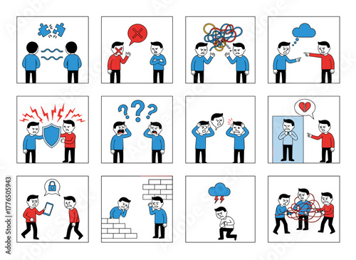 Misunderstandings and interpersonal conflicts arise, with communication issues, relationship crises, confrontations, confusion, and disagreements, while flat vector illustrations stand alone on a