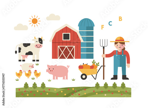 Adorable countryside scene featuring farm animals, a natural garden, agricultural activities, and farmers, along with country houses, a village barn, and harvested fields, rendered as flat vector