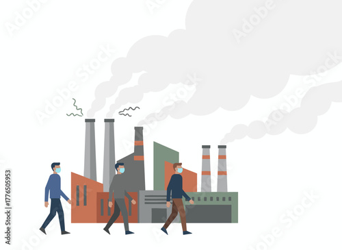 Depressed people wearing protective masks walk along a street facing factory chimneys that emit smoke, with fine dust, air pollution, industrial smog, and pollutant gas emissions illustrated in