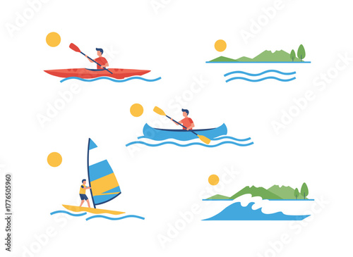 Illustration of a diverse group enjoying dynamic water sports, featuring men and women rafting, kayaking, canoeing, and sailing, all depicted in isolation with protective helmets and vests