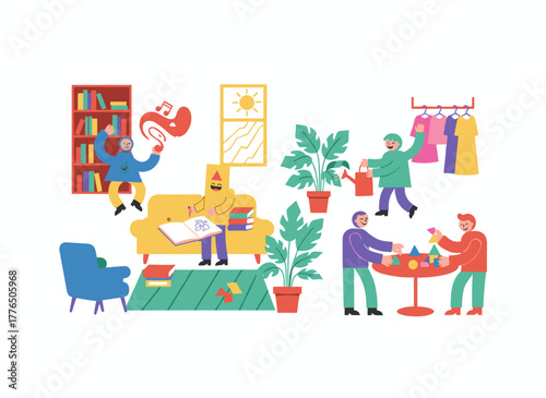 A flat vector illustration of a flea market with cartoon customers and sellers, depicting clothing and vintage goods in a retail business, a garage sale, a second‑hand shop, and the concept of