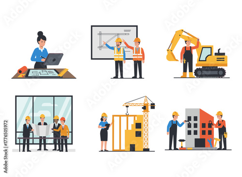 A colorful flat cartoon vector illustration featuring a group of smiling male and female architects and construction engineers collaborating on an architectural project