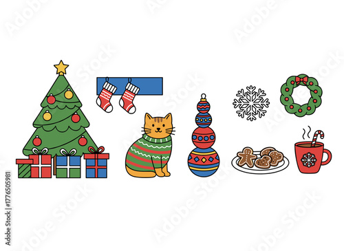 A set of Christmas ornaments, seasonal presents, cozy knitted wool garments, mulled wine, and gingerbread, depicted on a white backdrop in a vibrant flat cartoon vector style