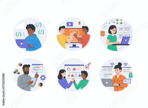 Illustration of a group of software developers coding web applications on computers, featuring scripting in PHP, Python, JavaScript, and other languages, rendered as a flat vector cartoon