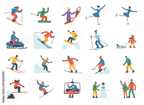 Cartoon illustrations of male and female adults and children in winter gear snowboarding and skiing on mountains, rendered in flat vector style