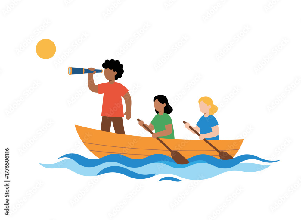 Fototapeta premium A business leader exploring new horizons and opportunities, steering a boat team toward its goal