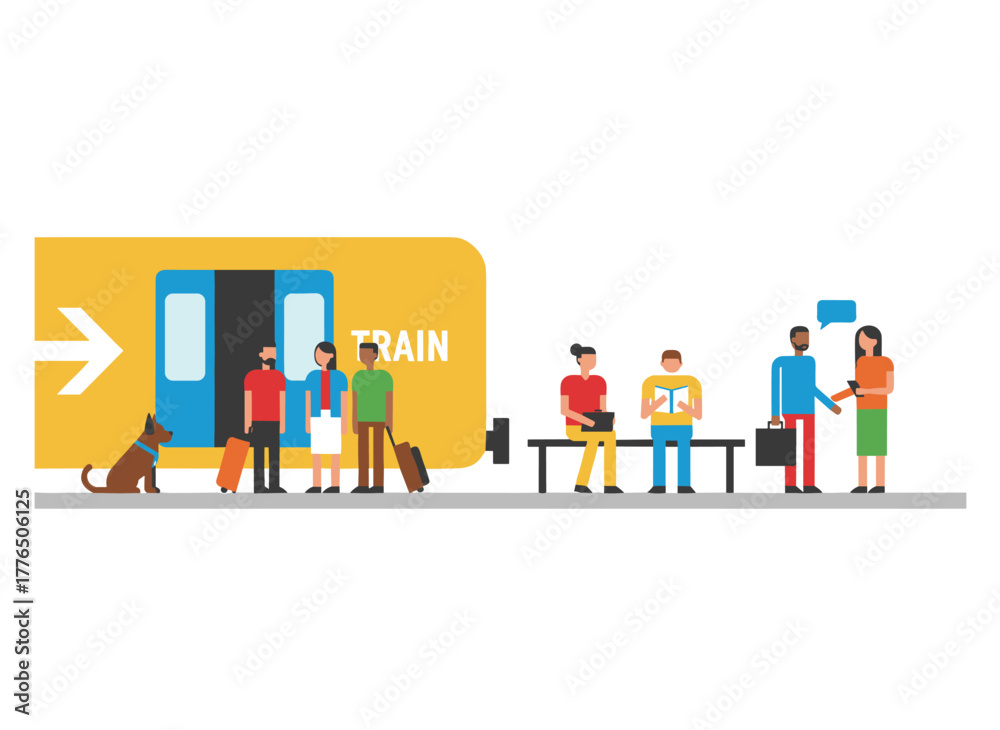 Obraz premium Illustration of diverse cartoon characters using public transport, depicting a crowd of passengers inside a city bus, featuring a colored man and woman on a train