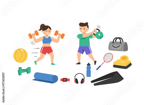 A set of athletic gear and gym accessories—including dumbbells, barbells, a fitness ball, a yoga mat, a bag, and training sportswear—bundled together as a workout kit, presented as a flat vector