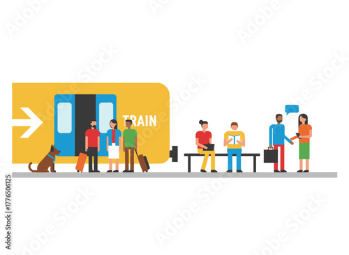 Illustration of diverse cartoon characters using public transport, depicting a crowd of passengers inside a city bus, featuring a colored man and woman on a train