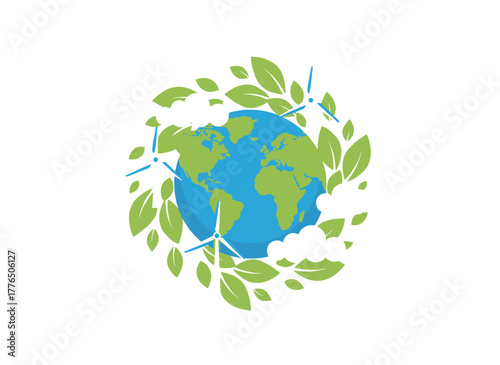Encourage planetary ecology by caring for Earth, protecting the environment, practicing eco‑friendly planting, and using renewable energy, depicted in a colorful flat textured vector illustration on