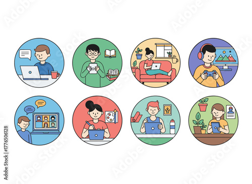 A concept of online education and e-learning, depicting a group of people learning online courses while studying makeup, playing guitar, exploring style, UX, and UI, illustrated in a colored flat