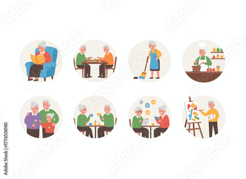 Illustrations of elderly individuals at home, depicting daily life, leisure, household tasks, and hobbies, featuring cheerful modern seniors indoors, rendered as flat vector art on a white background