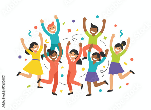 A diverse group of joyful people hugging, celebrating friendship day and unity, congratulating multiracial students or friends, depicted as a flat vector cartoon illustration on a white background