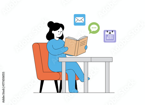 A woman sits with her legs on a desk, reading a book while a computer lies beside her, choosing leisure over work tasks—illustrated in flat cartoon vector style