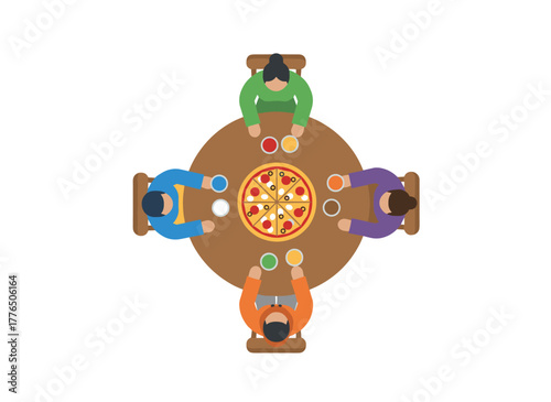 A top-down view shows hands picking pizza slices from a table at a corporate party, with hungry friends sharing Italian fast food, a family holding pepperoni pieces, depicted in a colored flat vector