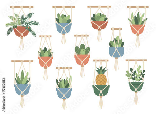 A bundle of cotton‑cord macrame hangers for potted plants, beautifully handmade, depicted as cartoon flat vector illustrations against a white background