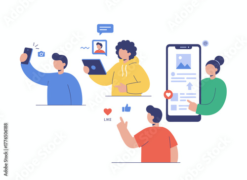 A group of people browsing social media, taking selfies, and hunting for Wi‑Fi signals on their smartphones, depicted in a flat cartoon vector illustration