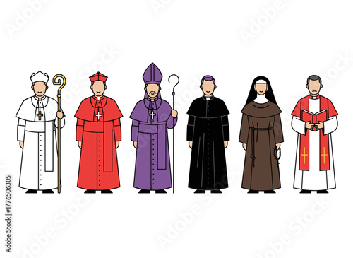 A vector illustration featuring a group of male clergy—monks, priests, and religious leaders from Catholic and Orthodox Christian churches—depicted as flat cartoon characters on a white background