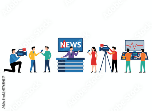 A flat cartoon vector illustration featuring a group of journalists, talk show hosts interviewing guests, news presenters, and cameramen or videographers with their cameras set against a white