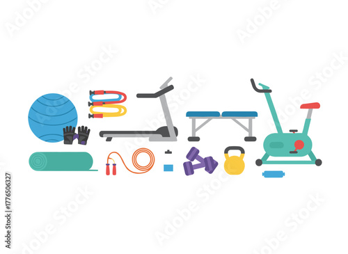 Illustration of a colorful assortment of gym equipment in vector graphics, featuring dumbbells, a jump rope, an aerobic ball, and a mat, all displayed on a white background