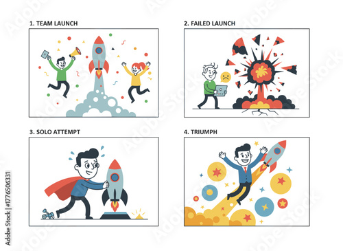 A vector illustration shows cartoon characters on a rocket that crashes, depicting a successful team soaring alone against a white backdrop, symbolizing business motivation, failure, and startup