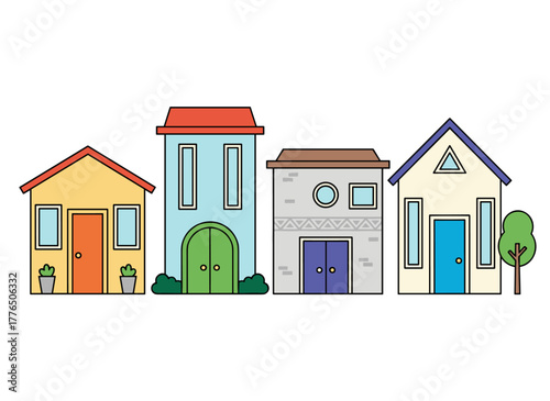 A front view of a house featuring closed doors, windows with wooden shutters, mailboxes, potted plants, lanterns, and bicycle parking, illustrated in colored flat vector style depicting doorways and