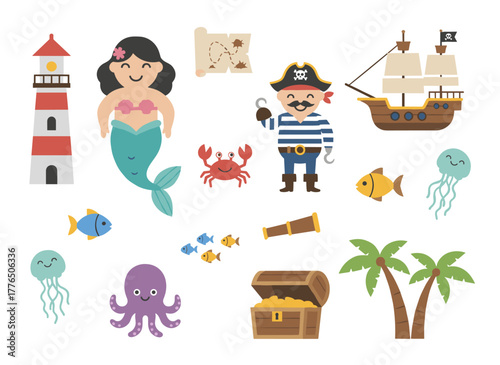 A collection of charming pirates, a sailing ship, mermaids, sea fish, and other underwater creatures, a treasure chest, and a lighthouse set against a white background