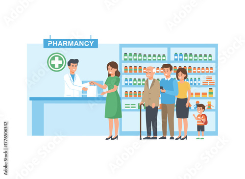 A cheerful cartoon pharmacist stands behind a counter while diverse, upbeat customers queue in a flat vector illustration of a pharmacy, each colorful character purchasing medicine