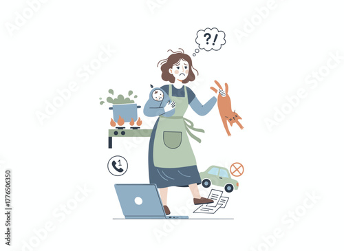 A multitasking mother with a baby, illustrated as a flat cartoon of motherhood