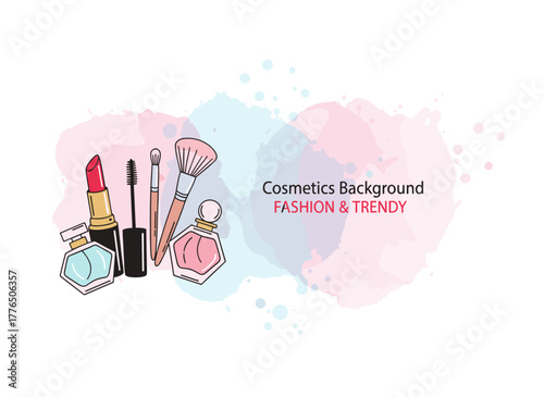 A horizontal background of fashion cosmetics, makeup artist tools, and watercolor spots, rendered as a vector hand‑drawn illustration with space for text